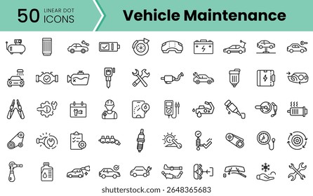 A collection of 50 linear icons representing various aspects of vehicle maintenance, including tools, parts, and diagnostic equipment, featuring a clean and minimalist design.