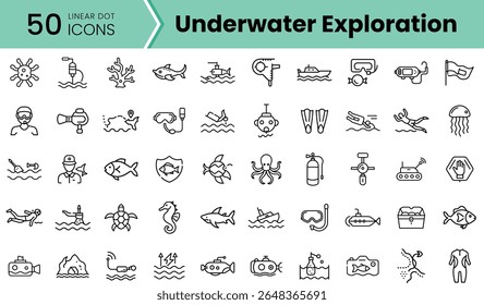 A collection of 50 linear icons representing underwater exploration, featuring marine life, diving gear, and activities related to aquatic adventures.