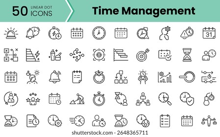 A collection of 50 linear icons representing time management concepts, including alarms, calendars, clocks, and productivity tools in a minimalist style.