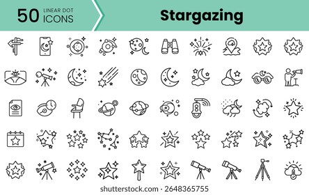 A collection of 50 linear icons representing stargazing elements, including telescopes, stars, moons, and night skies, perfect for astronomy enthusiasts.