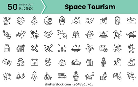 A collection of 50 linear icons representing space tourism, featuring rockets, astronauts, planets, spacecraft, and travel elements in a modern design.