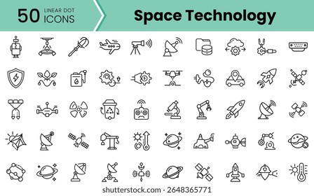 Una colección de 50 iconos lineales que representan varios aspectos de la tecnología espacial, incluidos satélites, cohetes y sistemas robóticos, ideal para proyectos de temática tecnológica.