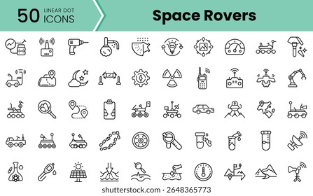 A collection of 50 linear icons representing space rovers, showcasing various tools and features related to space exploration in a minimalist style.