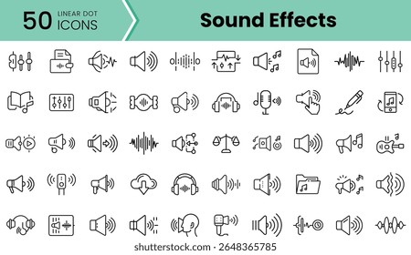 A collection of 50 linear icons representing various sound effects, showcasing diverse audio elements like microphones, headphones, and musical notes.
