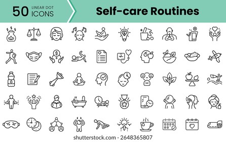 A collection of 50 linear icons representing self-care routines, including wellness activities, relaxation techniques, and mindfulness practices.