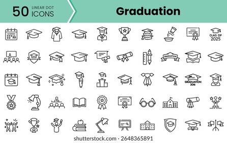 A collection of 50 linear icons representing graduation, including caps, diplomas, and trophies, symbolizing achievement and educational milestones.