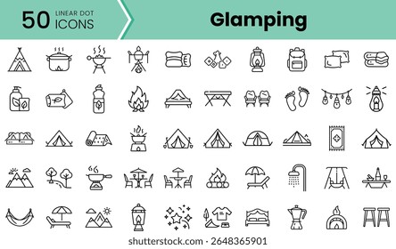 Uma coleção de 50 ícones lineares representando elementos essenciais glamping, como tendas, fogueiras e equipamentos ao ar livre, perfeito para amantes de acampamento e aventura.