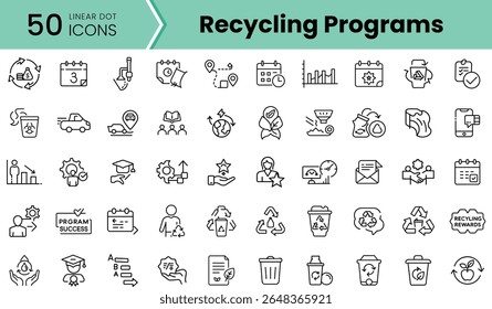 A collection of 50 linear icons representing recycling programs, showcasing various aspects of sustainability, community engagement, and waste management.