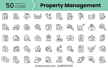A collection of 50 linear icons representing various aspects of property management, showcasing tools for real estate management, maintenance, and tenant communication.