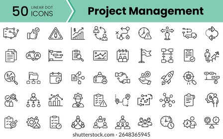 A collection of 50 linear icons representing project management concepts, including tools, processes, and teamwork, presented in a minimalist style.