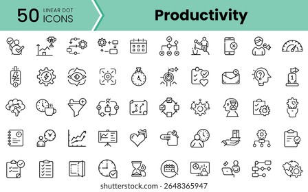 Collection of 50 linear icons representing productivity concepts, including tools, time management, analysis, and optimization, suitable for various digital applications.