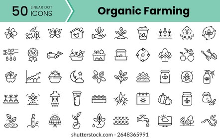 A collection of 50 linear icons representing organic farming, including plants, tools, and farming elements, ideal for agricultural themes and presentations.