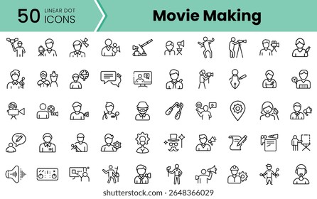 A collection of 50 linear icons representing various aspects of movie making, showcasing diverse film production elements and roles in a minimalist style.