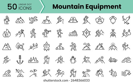 A collection of 50 linear icons representing various mountain equipment and outdoor activities, featuring climbers, landscapes, and wildlife in a minimalistic design.