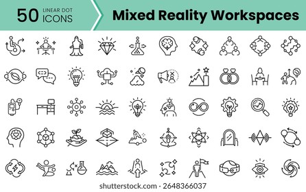 A collection of 50 linear icons representing mixed reality workspaces, featuring themes of innovation, technology, and collaboration in a minimalist style.
