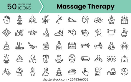 Una colección de 50 íconos lineales que representan varios aspectos de la terapia de masaje, con Elementos como manos, aceites, velas y símbolos de relajación.