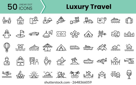 Une collection de 50 icônes linéaires représentant des expériences de voyage de luxe, mettant en vedette des activités telles que la restauration, l'aventure et la détente dans des Paramètres élégants.