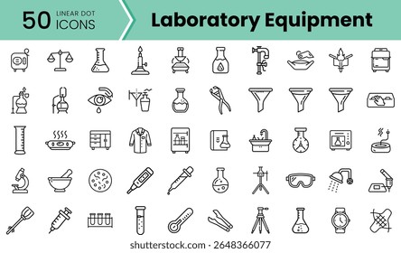 Uma coleção de 50 ícones lineares representando o equipamento de laboratório, incluindo frascos, tubos de ensaio e balanças, em um design minimalista adequado para fins educacionais.
