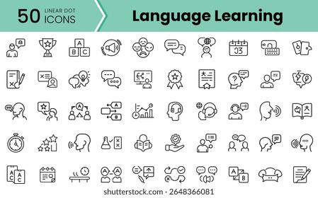 A collection of 50 linear icons representing various aspects of language learning, featuring symbols like books, speech bubbles, and educational tools in a modern design.