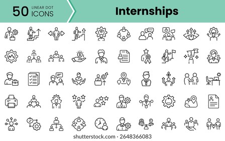 A collection of 50 linear icons representing various aspects of internships, showcasing themes like teamwork, mentorship, and career development in a modern, clean design.