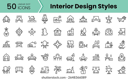 A collection of 50 linear icons representing various interior design styles, featuring elements like furniture, decor, and architecture in a clean, minimalist style.