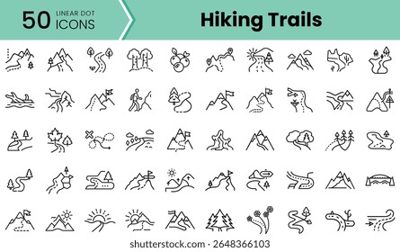 A collection of 50 linear icons representing hiking trails, featuring mountains, trees, and outdoor activities, showcasing the beauty of nature and adventure.