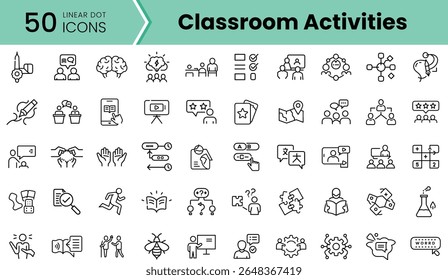 A collection of 50 linear icons representing various classroom activities including teaching, group work, and learning processes, perfect for educational materials.