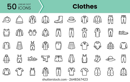 A collection of 50 linear icons representing various clothing items, featuring hats, shirts, pants, shoes, and accessories in a minimalist design.