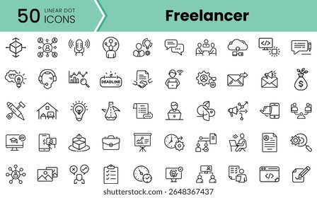 Uma coleção de 50 ícones lineares representando freelancing, incluindo símbolos para comunicação, prazos, gestão financeira e muito mais, em um design limpo e minimalista.
