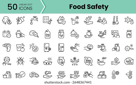 A collection of 50 linear icons representing food safety. The designs include handwashing, PPE, safe food storage, and hygiene practices showcased in a cohesive style.