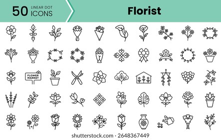 A collection of 50 linear icons representing various elements of floristry. Ideal for graphic designers and floral enthusiasts, showcasing flowers, vases, and gardening tools.