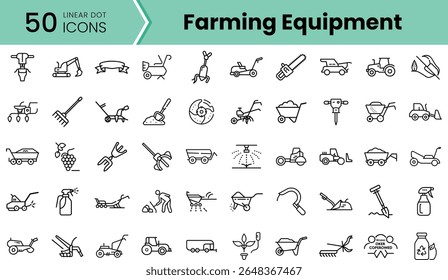Uma coleção de 50 ícones lineares representando vários equipamentos agrícolas, incluindo tratores, ferramentas e máquinas, ideais para projetos de design agrícola.