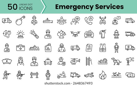 Uma coleção de 50 ícones lineares representando vários serviços de emergência, incluindo temas médicos, de incêndio e resgate, projetados em um estilo moderno e nítido.