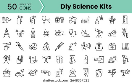 A collection of 50 linear icons representing various DIY science kits, including tools, experiments, and equipment, showcasing creativity in science education.