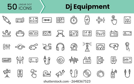 Uma coleção de 50 ícones lineares representando vários equipamentos de DJ e ferramentas de produção musical, com mixers, fones de ouvido, microfones e muito mais em um design moderno e elegante.
