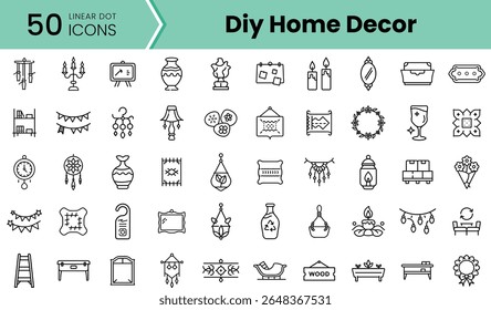 A collection of 50 linear icons representing DIY home decor items, featuring candles, vases, frames, and wall hangings in a minimalistic design.