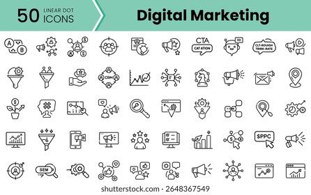 A collection of 50 linear icons representing various aspects of digital marketing, including analytics, social media, and advertising elements, set against a clean background.