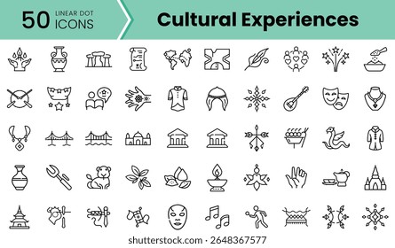 Uma coleção de 50 ícones lineares representando várias experiências culturais, mostrando diversos símbolos de artes, música, tradições e artesanato local.