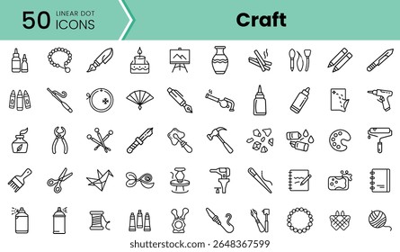 A collection of 50 linear icons representing various craft tools and materials, suitable for creative projects and DIY enthusiasts.