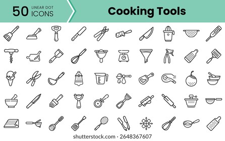 Uma coleção de 50 ícones lineares representando várias ferramentas de cozinha, incluindo utensílios, copos de medição e copos, tudo em um estilo de contorno preto minimalista.