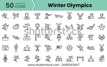 A collection of 50 linear icons representing various sports and symbols associated with the Winter Olympics, featuring athletes, medals, and Olympic themes.