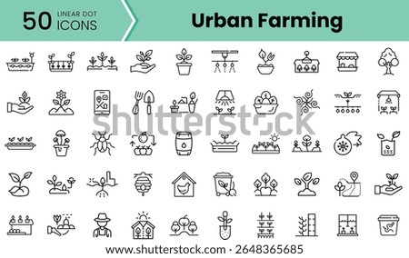 A collection of 50 linear icons representing urban farming, showcasing plants, gardening tools, and sustainable agriculture themes.