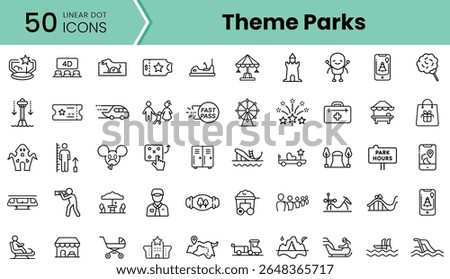 A collection of 50 linear icons representing various elements of theme parks, including rides, attractions, and visitor amenities, in a playful and engaging style.