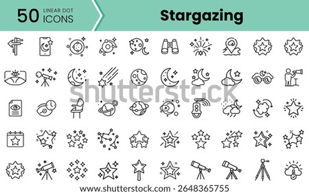 A collection of 50 linear icons representing stargazing elements, including telescopes, stars, moons, and night skies, perfect for astronomy enthusiasts.