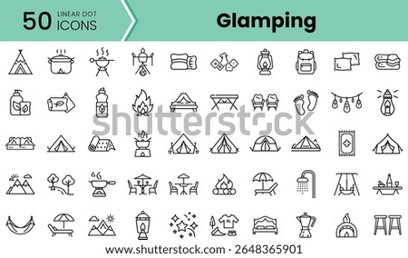 A collection of 50 linear icons representing glamping essentials such as tents, campfires, and outdoor gear, perfect for camping enthusiasts and adventure lovers.