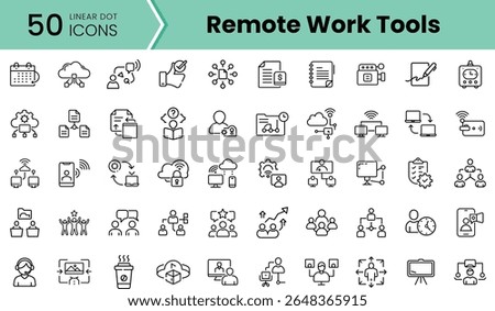 A collection of 50 linear icons representing various remote work tools, including communication, organization, and productivity elements.