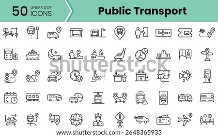 A collection of 50 linear icons representing various modes of public transport including trains, buses, airplanes, and boats, showcasing modern transportation options.