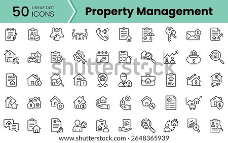 A collection of 50 linear icons representing various aspects of property management, showcasing tools for real estate management, maintenance, and tenant communication.