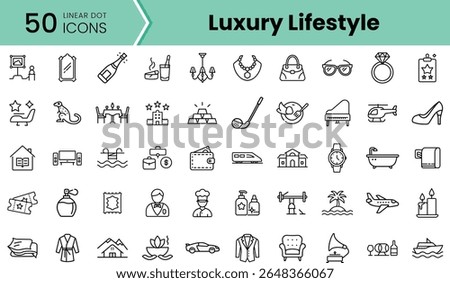 A collection of 50 linear icons representing luxury lifestyle elements, including fashion, travel, and upscale activities. Perfect for stylish designs and luxury themes.