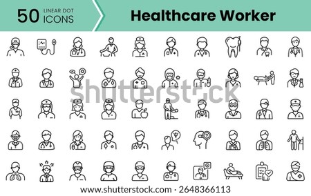 A collection of 50 linear icons representing various healthcare workers, showcasing diverse roles in a healthcare setting, from doctors to nurses in a minimalist style.